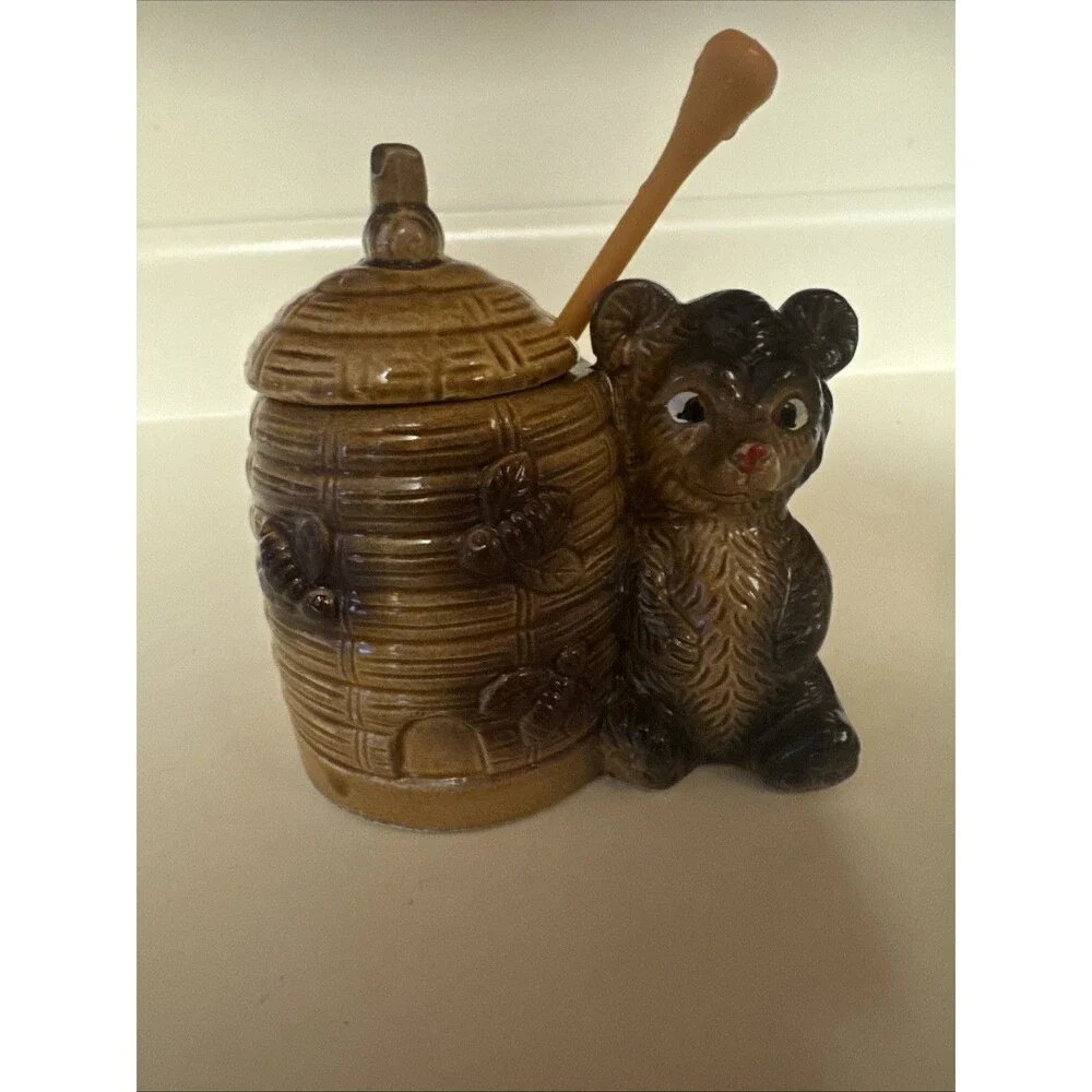 Honey Pot Bear & Bee Hive Armbee Japan with stir stick Vtg Retro Kitchen Decor